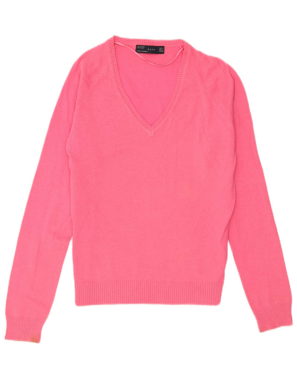 Zara Damen-Pullover mit V-Ausschnitt, Gr. 14, Größe L, Rosa, Baumwolle