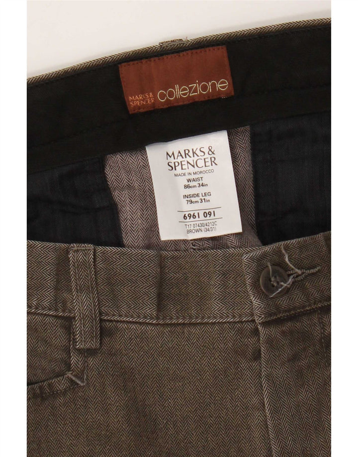 Marks & Spencer Mens Straight Casual Trousers W34 L31 Brown Herringbone