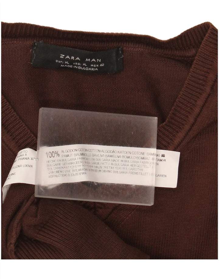 Zara Mens V-Neck Jumper Sweater XL Brown Cotton