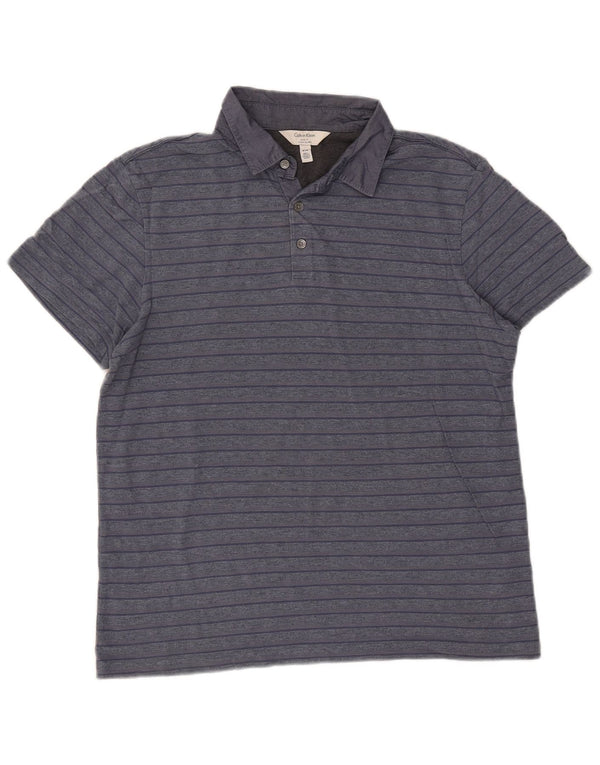 Calvin Klein Mens Body Fit Polo Shirt Medium Navy Blue Striped Cotton