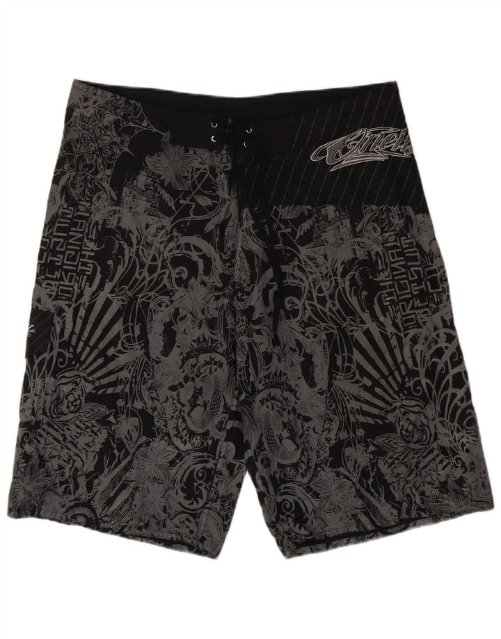 Vintage Mens Graphic Swimming Shorts XL Black Floral Polyester