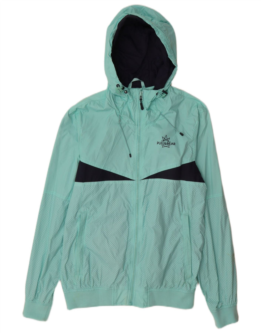 Pull & Bear Mens Hooded Rain Jacket UK 40 Large Turquoise Colourblock Nylon