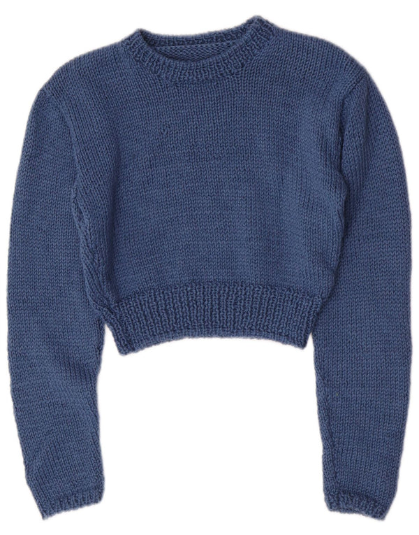 vintage Womens Crop Boat Neck Jumper Pull UK 8 Petit Bleu