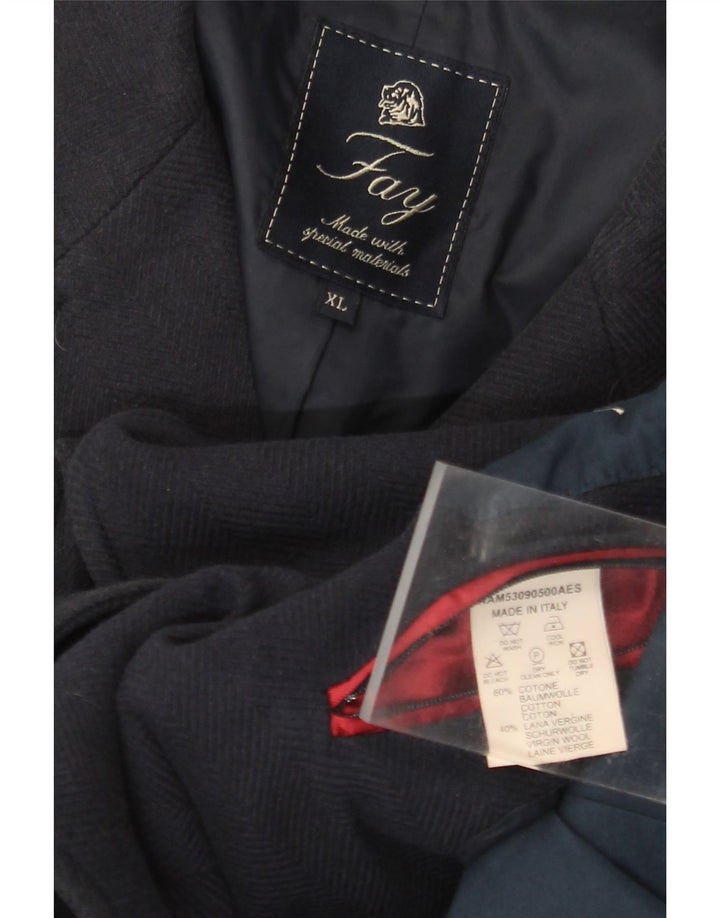 FAY Womens Overcoat UK 18 XL Navy Blue Herringbone Cotton