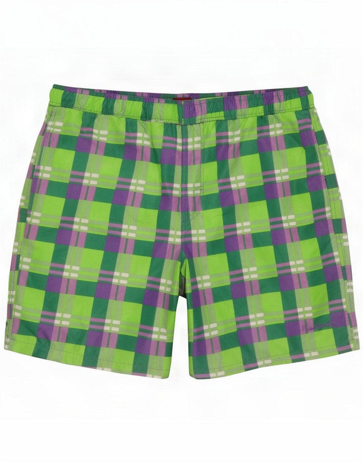 Pierre Cardin Mens Swimming Shorts Medium Green Check Polyester