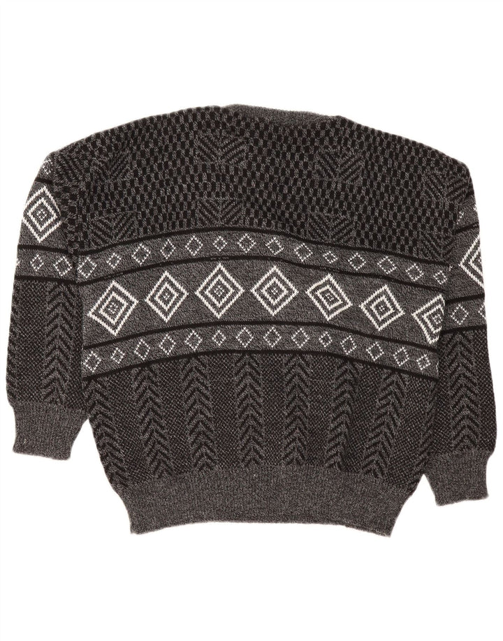 Vintage Mens Crew Neck Jumper Sweater Large Grey Argyle/Diamond Acrylic