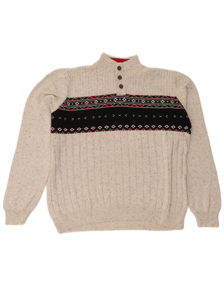 Chaps Mens Button Neck Jumper Sweater 2XL Grey Fair Isle Cotton