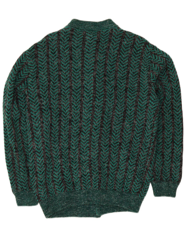 vintage Mens Regular Fit Cardigan Pull Moyen Vert Chevron Acrylique