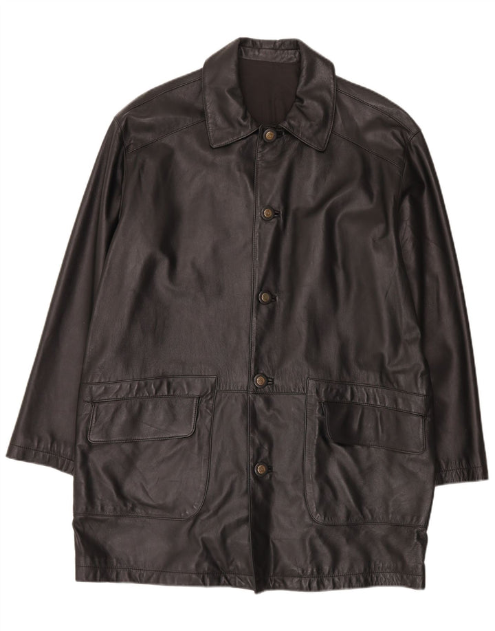 Vintage hombres cuero abrigo IT 50 grande negro