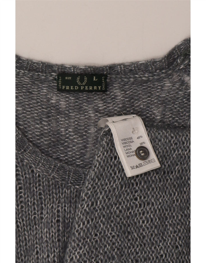 Fred Perry Womens Cardigan Sweater UK 14 Large Grey Flecked Viscose