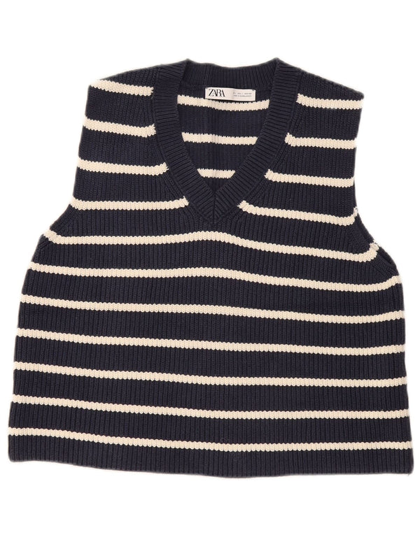 Zara Mujer Chaleco Camiseta Sin Mangas UK 40 Grande Azul Marino Rayas