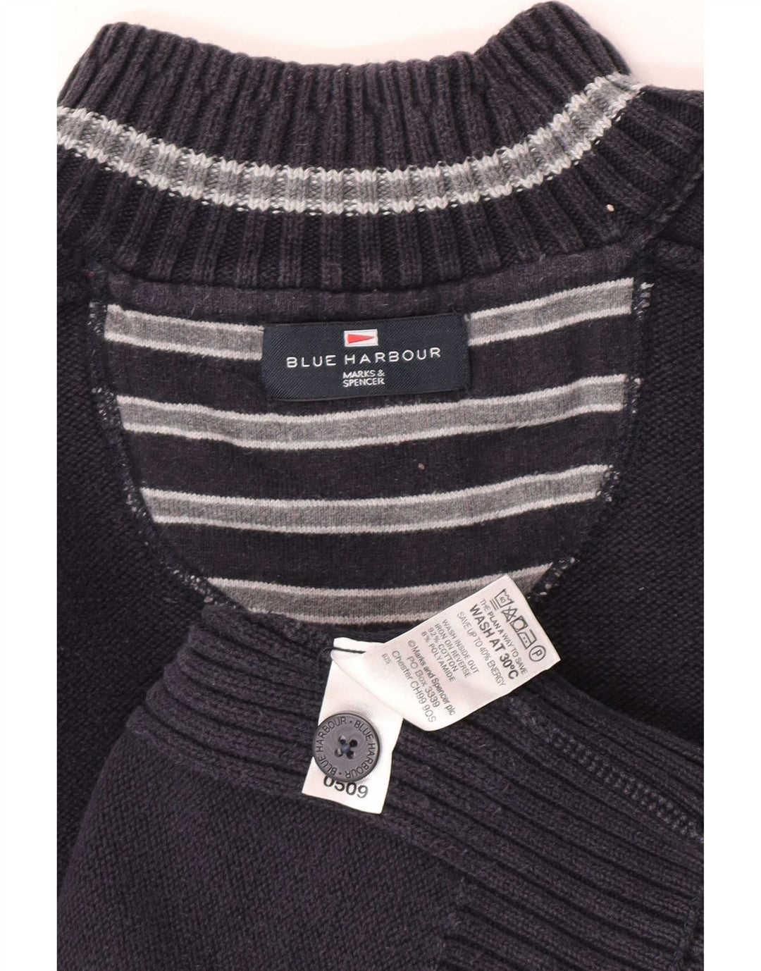 Marks & Spencer Mens Blue Harbour Button Neck Jumper Sweater XL Navy Cotton