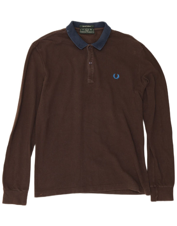 Fred Perry Mens Long Sleeve Rugby Polo Shirt XL Brown Colourblock Cotton