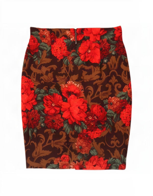 Saia lápis feminina vintage W30 lã virgem floral vermelha média