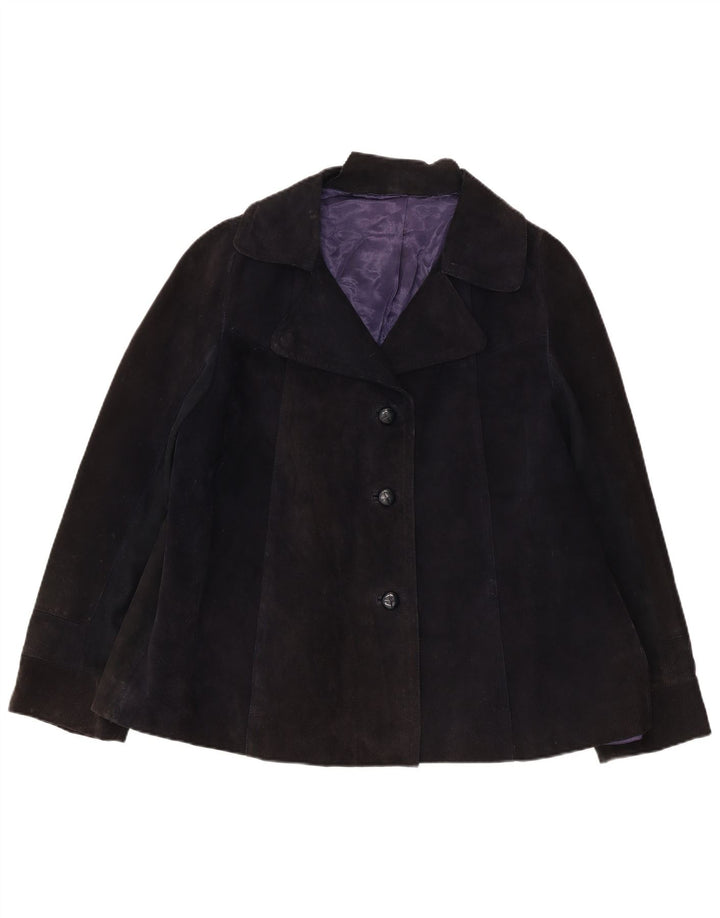 Giacca blazer vintage da donna in pelle scamosciata a 3 bottoni UK 16 grande blu navy