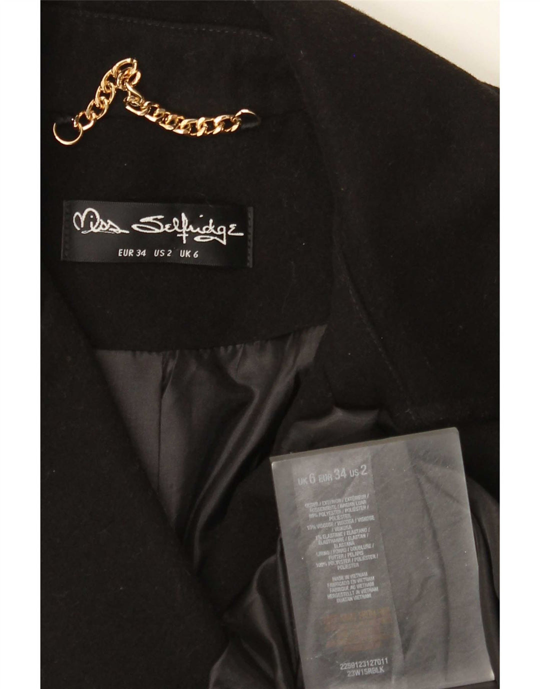 Miss Selfridge Womens Military Double Breasted Coat UK 6 XS Black Polyester