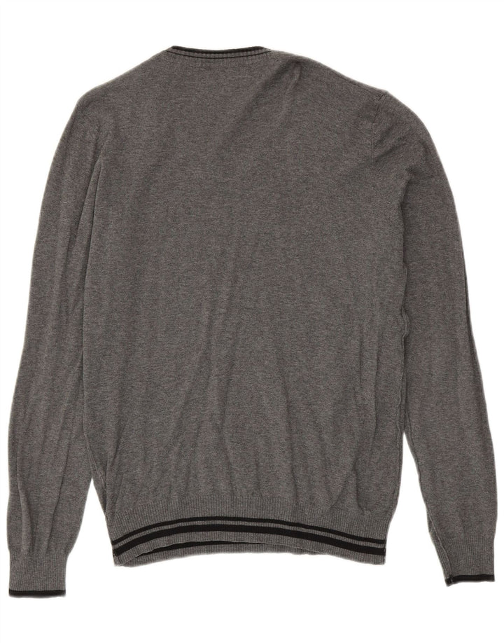 Zara Mens V-Neck Jumper Sweater Large Grey Striped Cotton