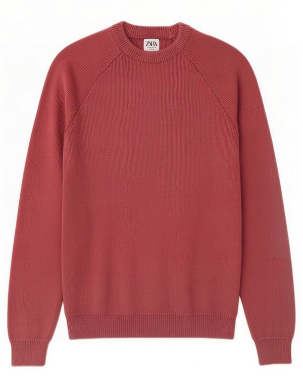 Zara Mens Crew Neck Jumper Sweater Medium Burgundy Cotton