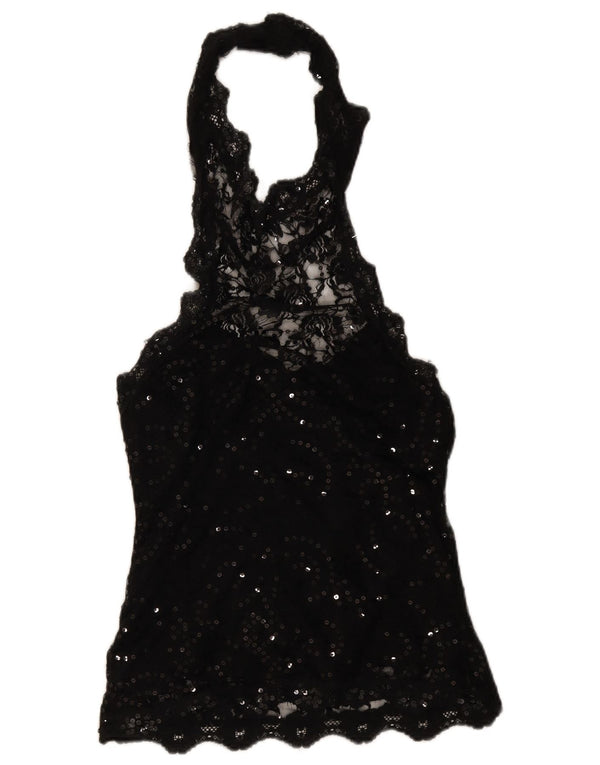 Joseph Ribkoff Damen Crop Lace Neckholder Top UK 14 Large Black Floral