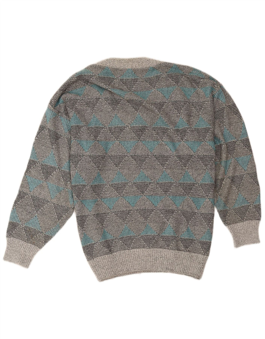 Vintage Mens V-Neck Jumper Sweater Medium Grey Geometric Cotton