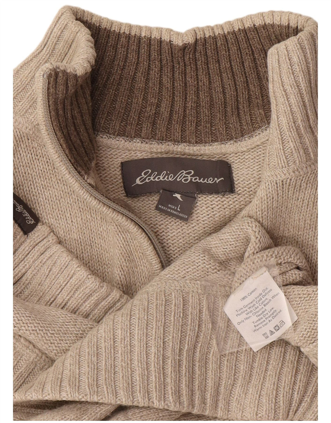 Eddie Bauer Mens Zip Neck Jumper Sweater Large Beige Cotton