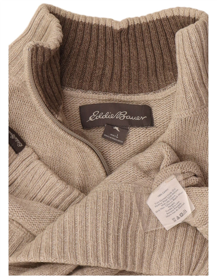 Eddie Bauer Mens Zip Neck Jumper Sweater Large Beige Cotton