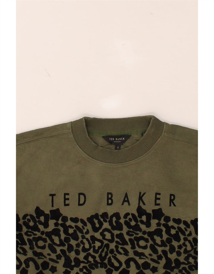 TED BAKER Womens Oversized Sweatshirt Jumper Size 1 XS Khaki Animal Print Vintage Ted Baker and Second-Hand Ted Baker from Messina Hembry 
