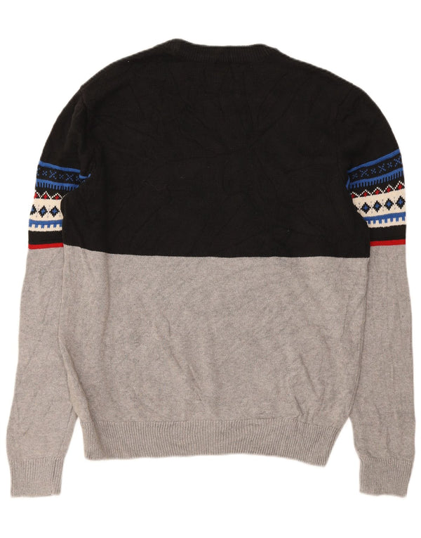 Chaps Mens Crew Neck Jumper Sweater Large Grey Fair Isle Cotton