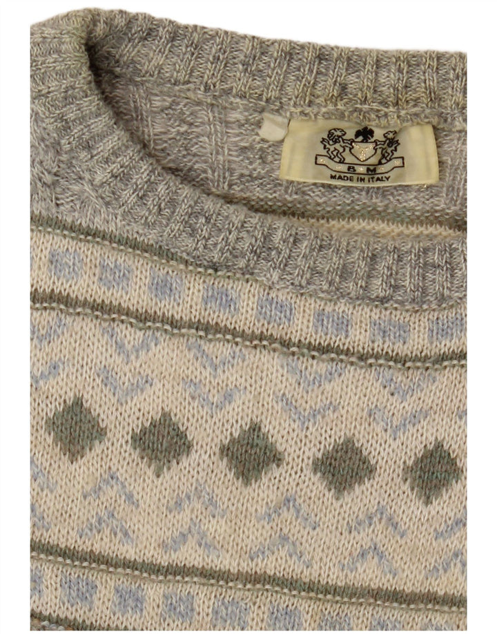 Vintage Mens Crew Neck Jumper Sweater Medium Grey Geometric