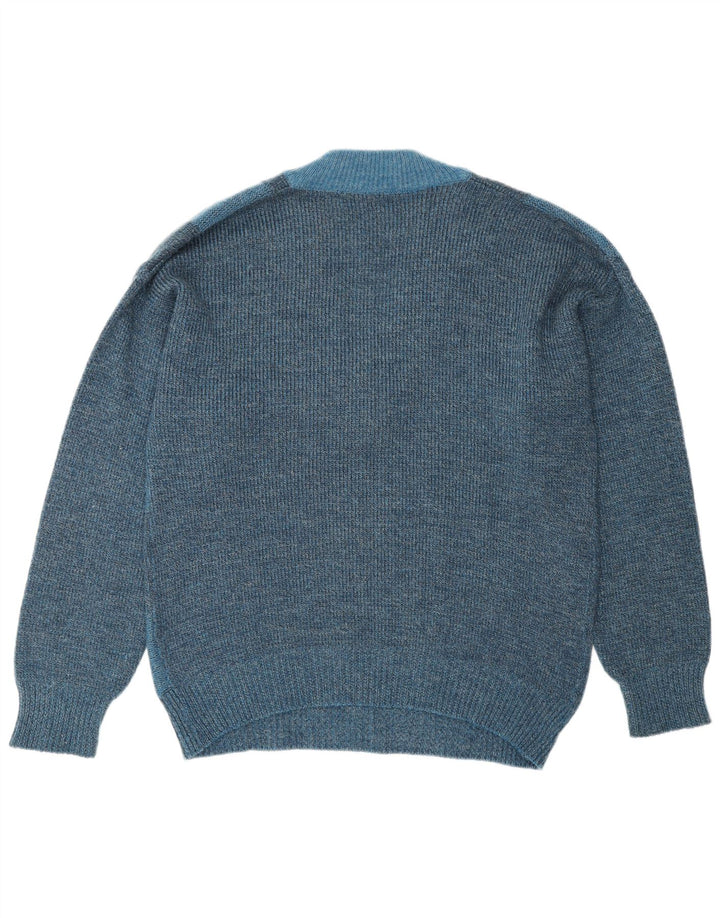 VINTAGE Mens V-Neck Jumper Sweater IT 50 Medium Blue Geometric Polyacrylic