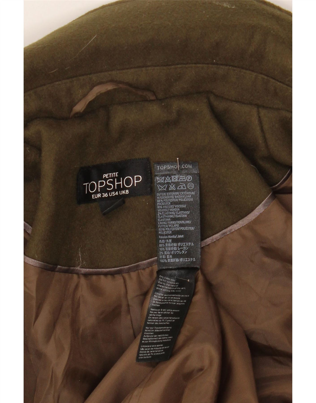 Topshop Womens Petite Overcoat UK 8 Small  Khaki Polyester