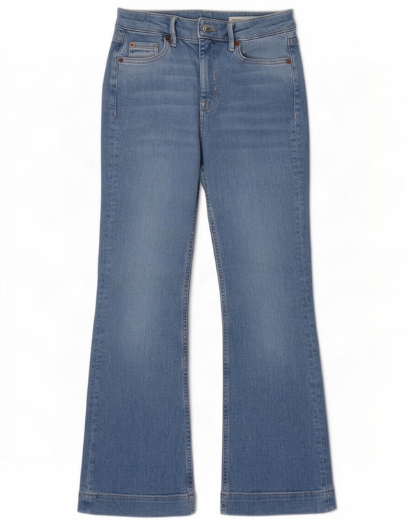 Calça jeans feminina Marks & Spencer Slim Flared UK 10 pequena W27 L28 algodão azul