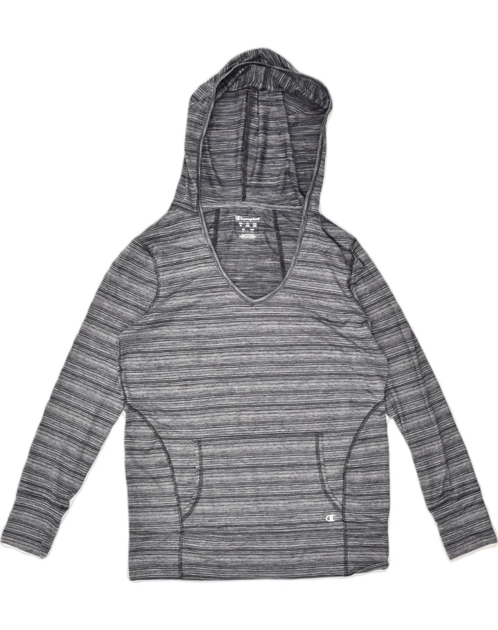 CHAMPION Womens Hoodie Jumper UK 14 Medium Grey Striped Polyester | Vintage Champion | Thrift | Second-Hand Champion | Used Clothing | Messina Hembry 