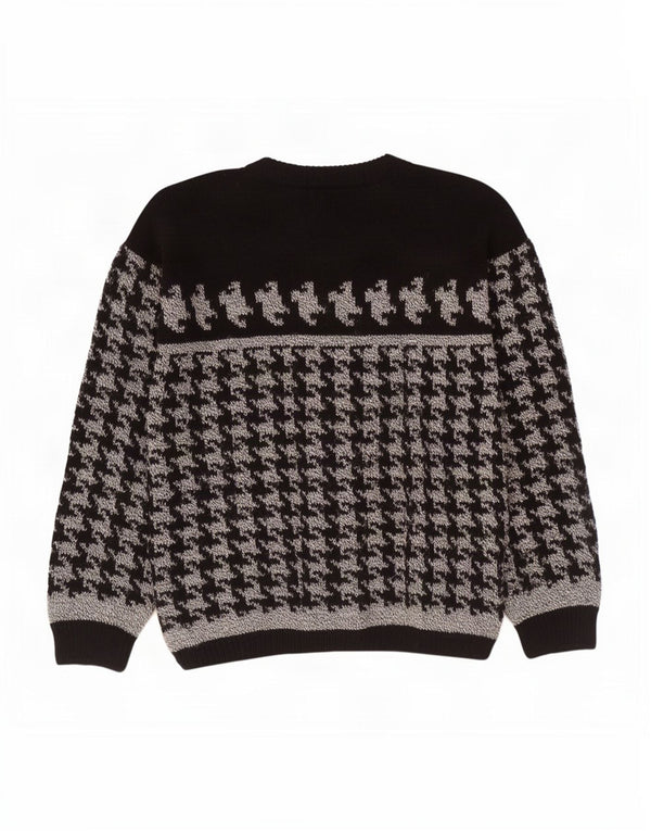 Vintage Mens Crew Neck Jumper Sweater Medium Black Houndstooth