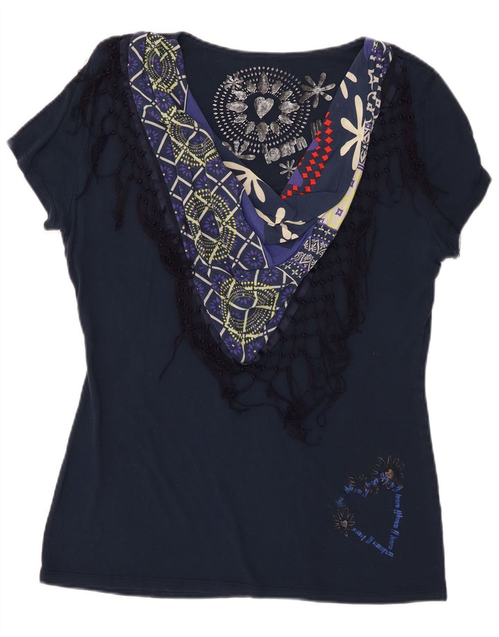 Desigual Womens Graphic T-Shirt Top UK 18 XL Navy Blue Patchwork