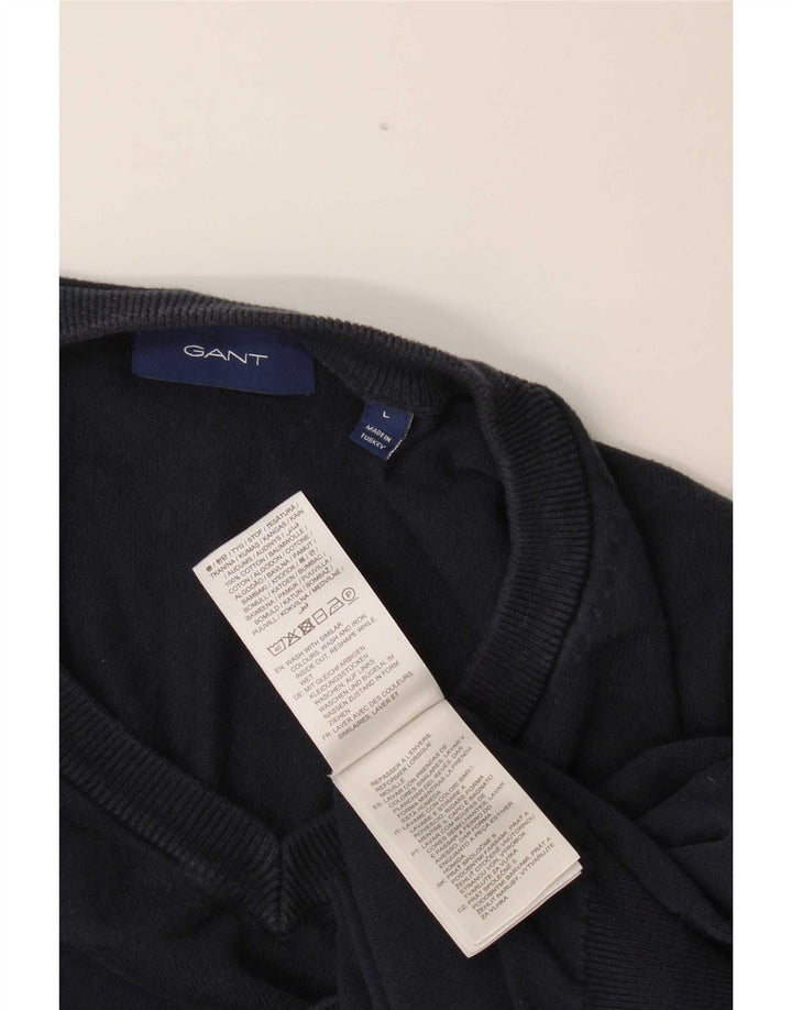 Gant Mens V-Neck Jumper Sweater Large Navy Blue Cotton
