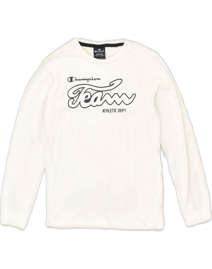 CHAMPION Boys Graphic Top Long Sleeve 9-10 Years Medium White | Vintage Champion | Thrift | Second-Hand Champion | Used Clothing | Messina Hembry 