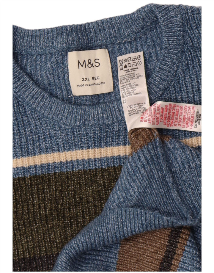 Marks & Spencer Mens Crew Neck Jumper Sweater 2XL Blue Striped Polyamide