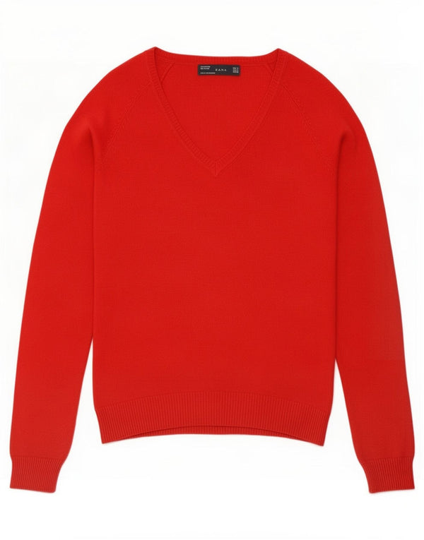 Zara Womens V-Neck Jumper Sweater UK 12 Medium Red Cotton