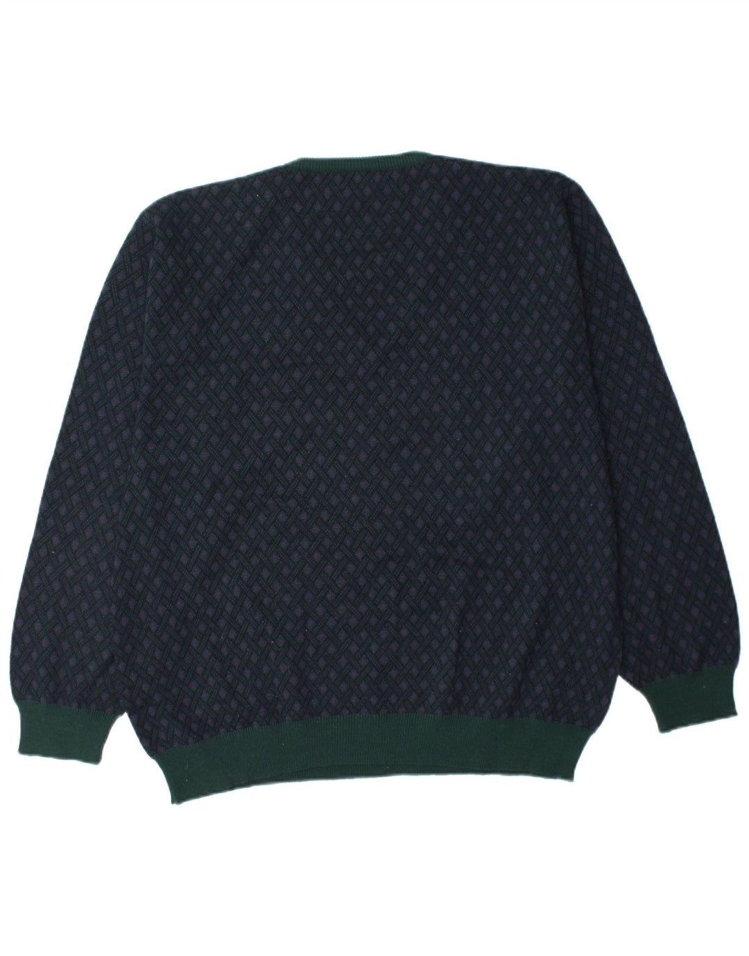 MAPIER Mens V-Neck Jumper Sweater Large Navy Blue Argyle/Diamond Wool