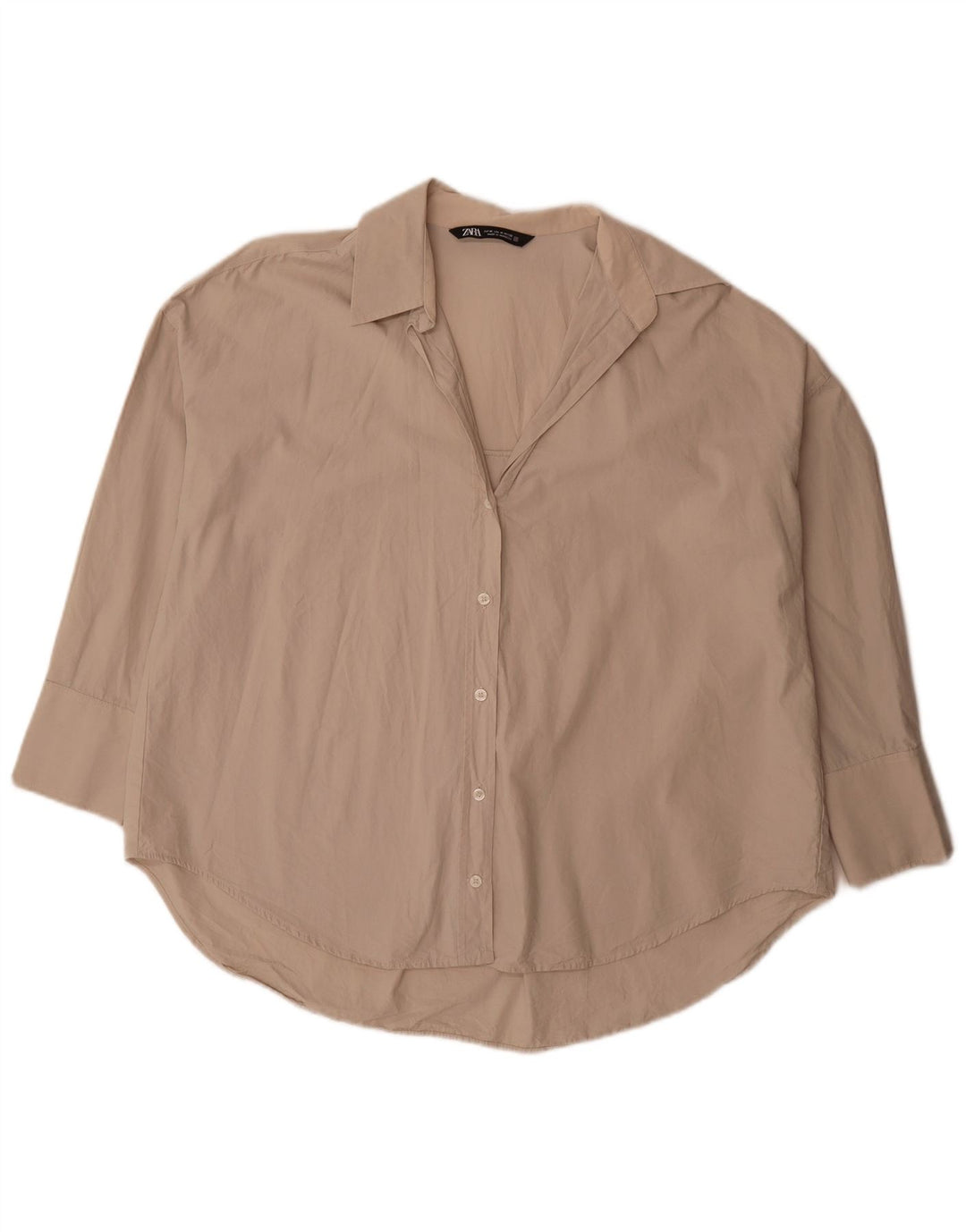 Zara 3/4 ærmet oversized skjorte til kvinder UK 14 Medium Beige Bomuld