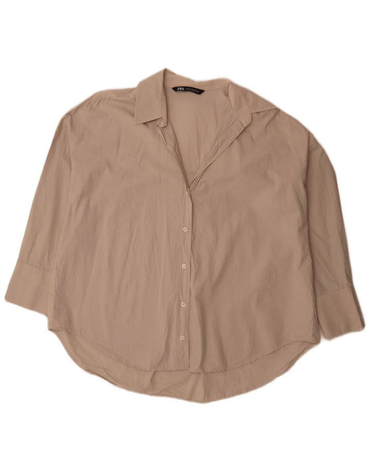 Zara 3/4 ærmet oversized skjorte til kvinder UK 14 Medium Beige Bomuld