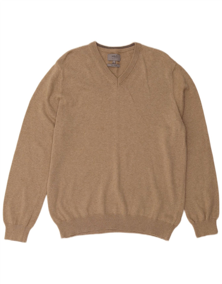 MARKS & SPENCER Mens V-Neck Jumper Sweater Large Brown Cotton