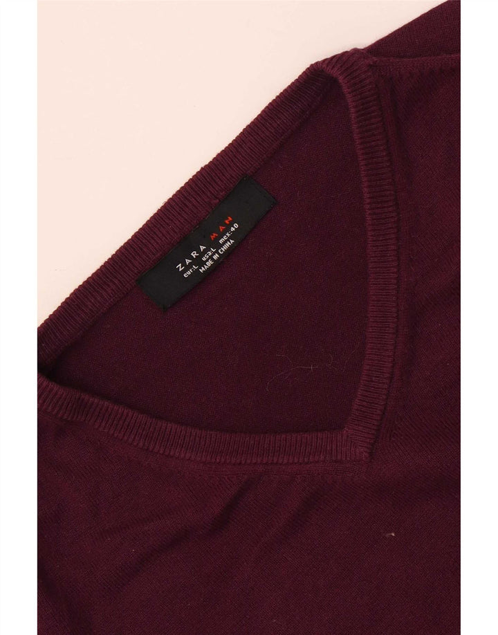 Zara Mens V-Neck Jumper Sweater Large Burgundy