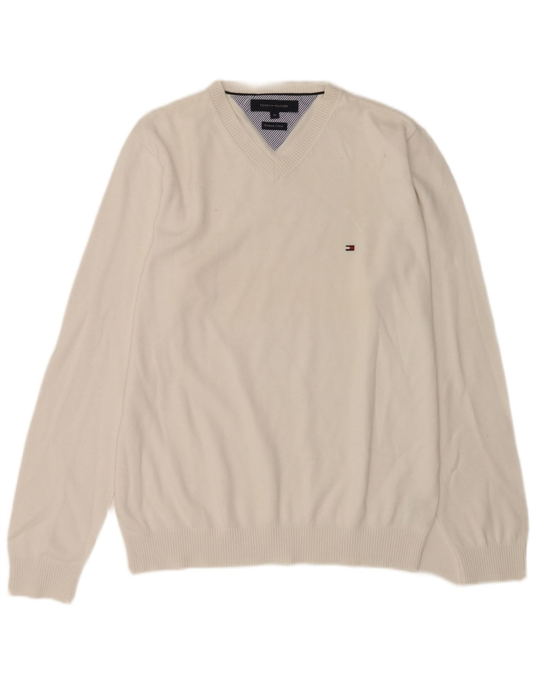 Tommy Hilfiger Mens V-Neck Jumper Sweater Medium White Cotton