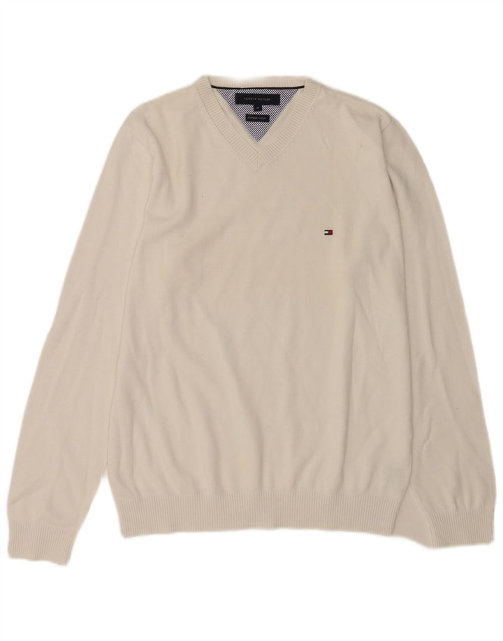Tommy Hilfiger Mens V-Neck Jumper Sweater Medium White Cotton