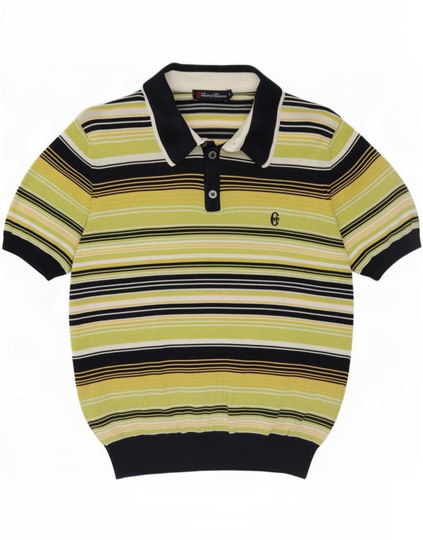 Conte of Florence Mens Polo Shirt Small Green Striped Cotton