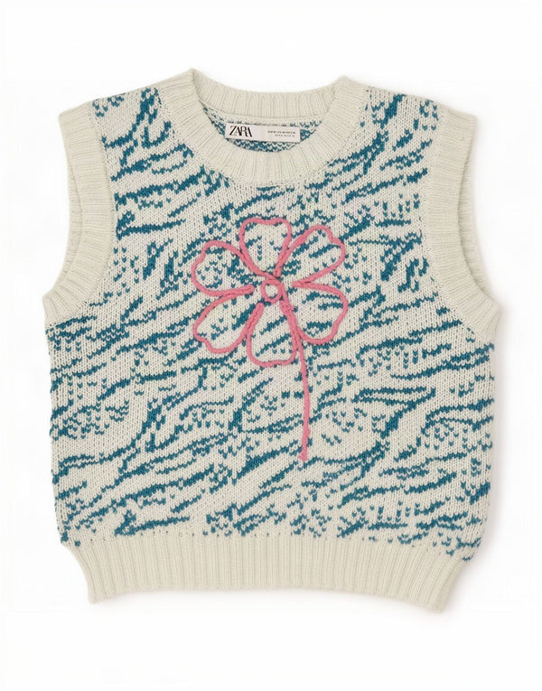 Top cu vestă cu grafică Zara pentru femei UK 12, bumbac floral, albastru mediu