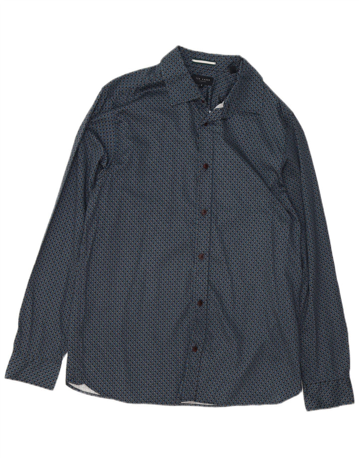 Camisa masculina Ted Baker com padrão abstrato tamanho 5 XL algodão azul