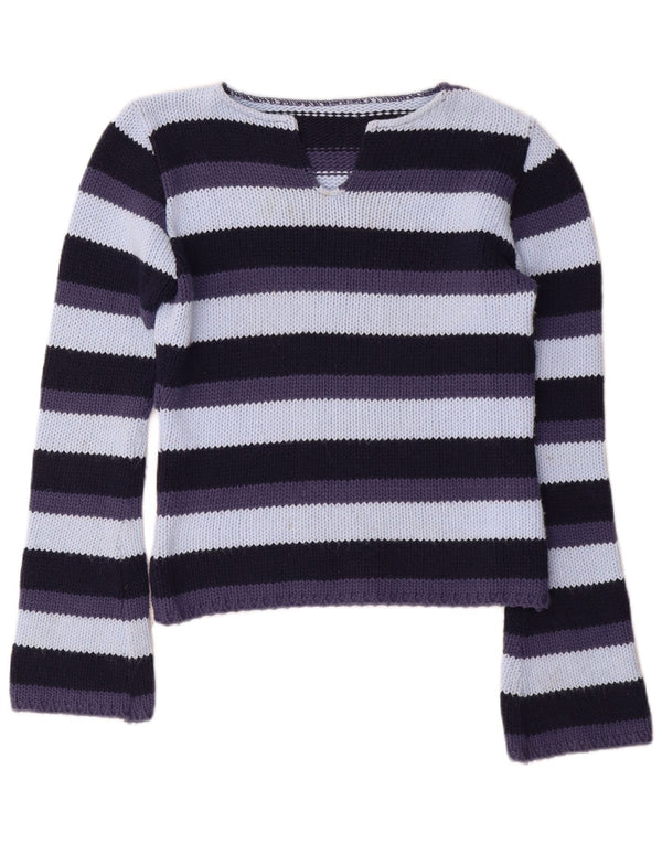 Vintage Dame V-hals Jumper Sweater UK 12 Medium Flerfarvet Stribet